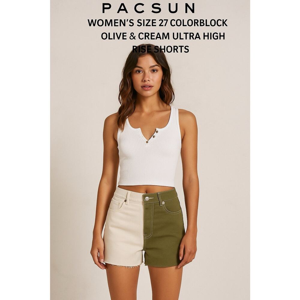 PacSun Women’s Size 27 Colorblock Olive‎ & Cream Ultra High Rise Shorts Vintage
